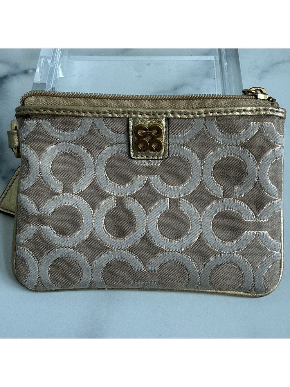 Coach Signature 4C Wristlet in Metallic Gold Leather Missing Strap